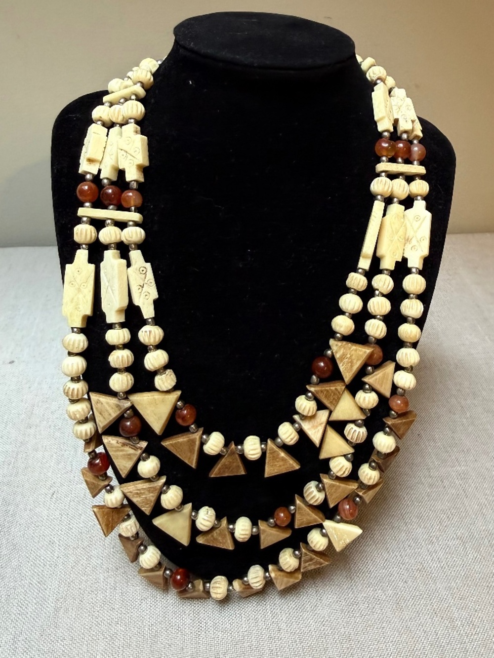 Carved Bone and Wood Tribal Style Statement Necklace